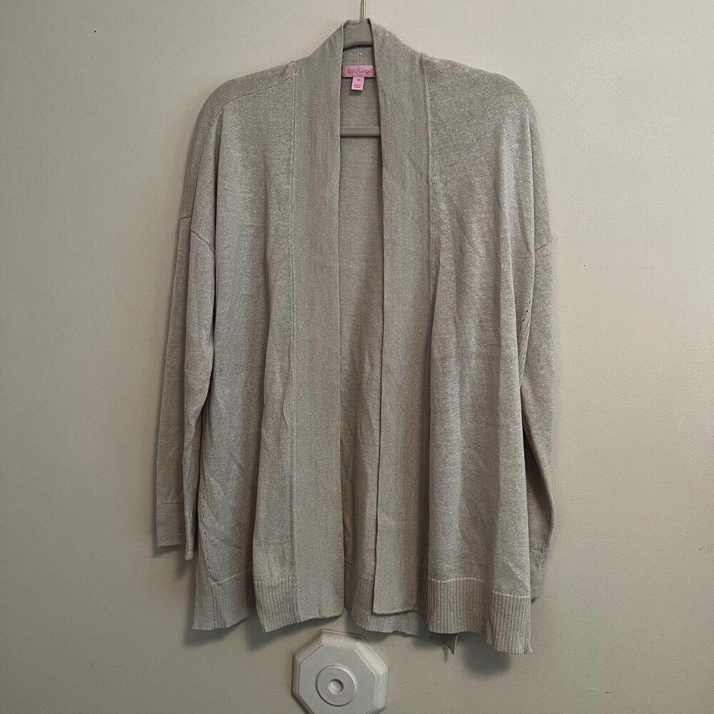 LILLY PULITZER cream Beach Metallic Glitter Melly L/S Open Cardigan Sweater Sz M